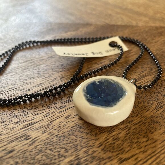 Cobalt Blue Glass + Ceramic Pendant Handmade Art Necklace Chunky Round Unique - Picture 3 of 5